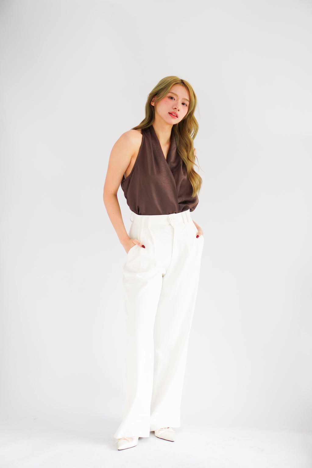 Nolette V Neck Draped Sleeveless Satin Top in Brown