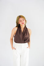 Nolette V Neck Draped Sleeveless Satin Top in Brown