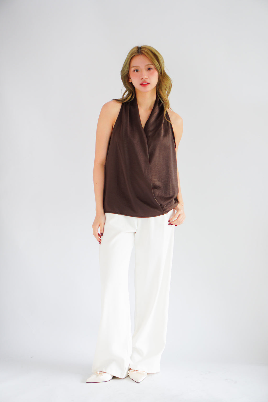 Nolette V Neck Draped Sleeveless Satin Top in Brown