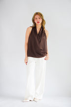 Nolette V Neck Draped Sleeveless Satin Top in Brown