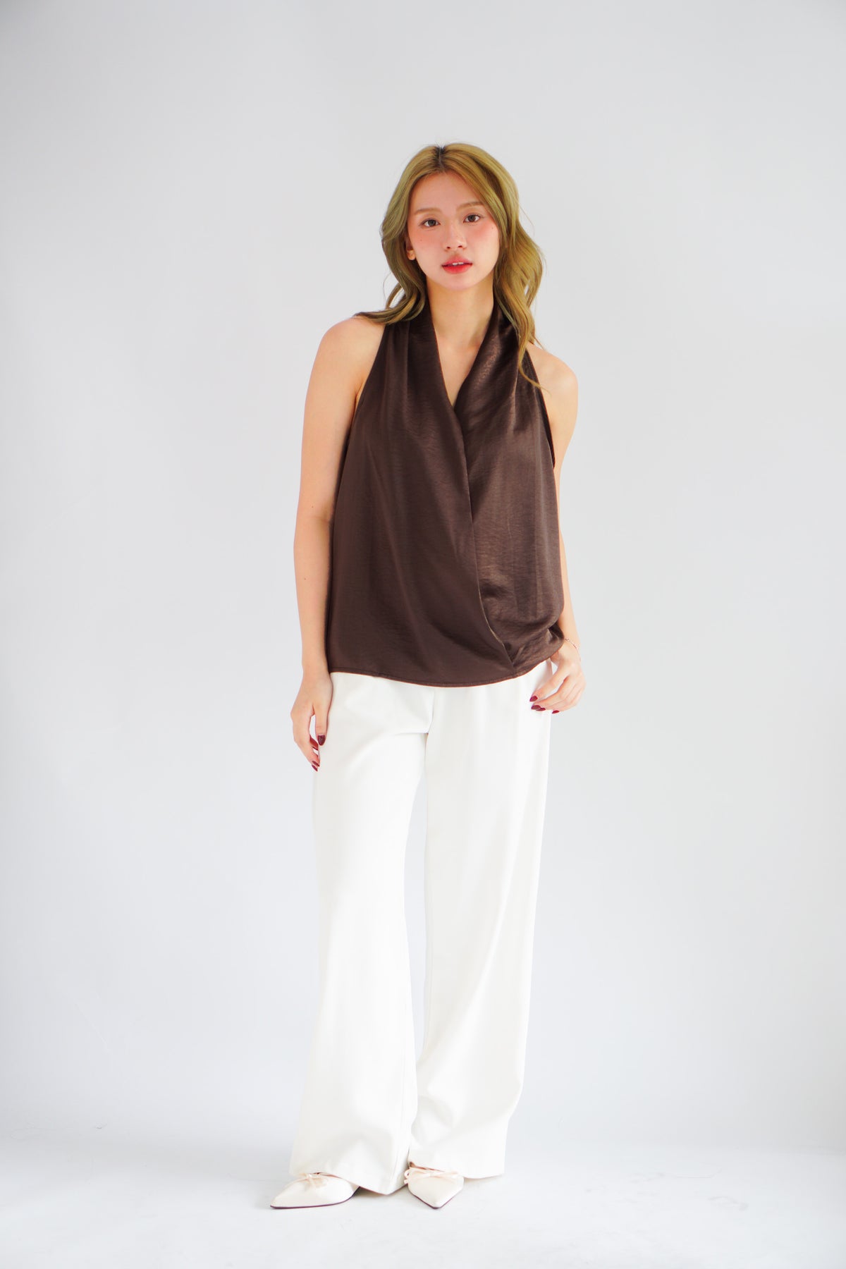 Nolette V Neck Draped Sleeveless Satin Top in Brown