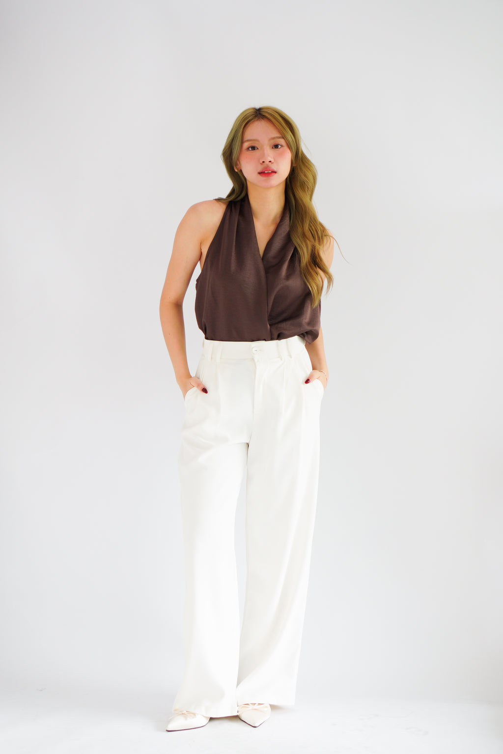 Nolette V Neck Draped Sleeveless Satin Top in Brown