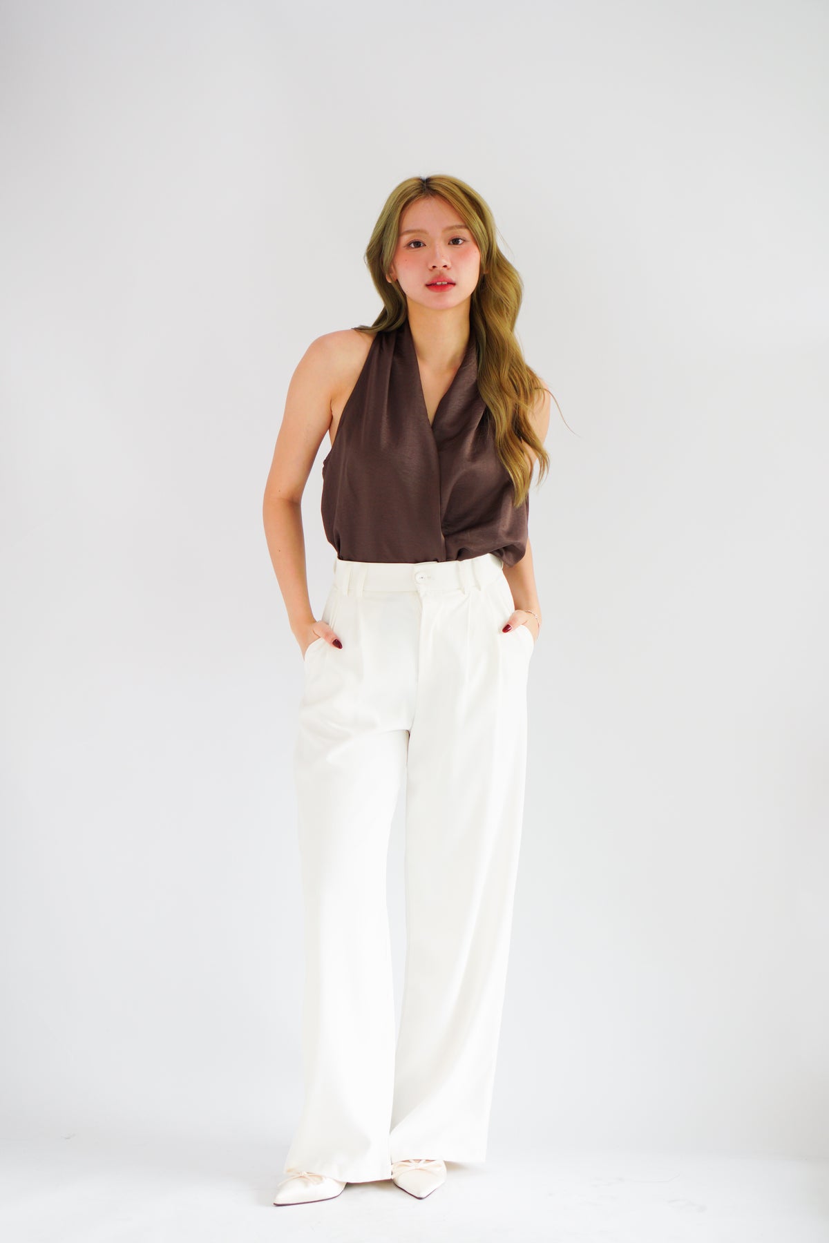 Nolette V Neck Draped Sleeveless Satin Top in Brown