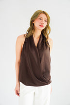Nolette V Neck Draped Sleeveless Satin Top in Brown