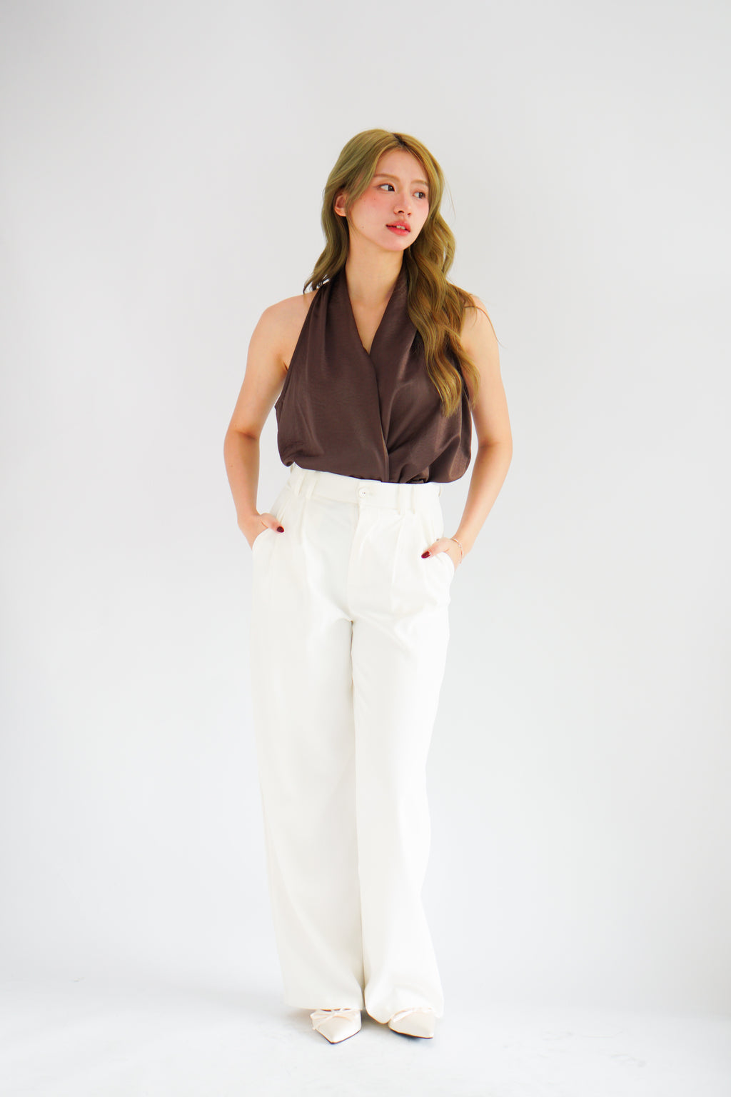 Nolette V Neck Draped Sleeveless Satin Top in Brown