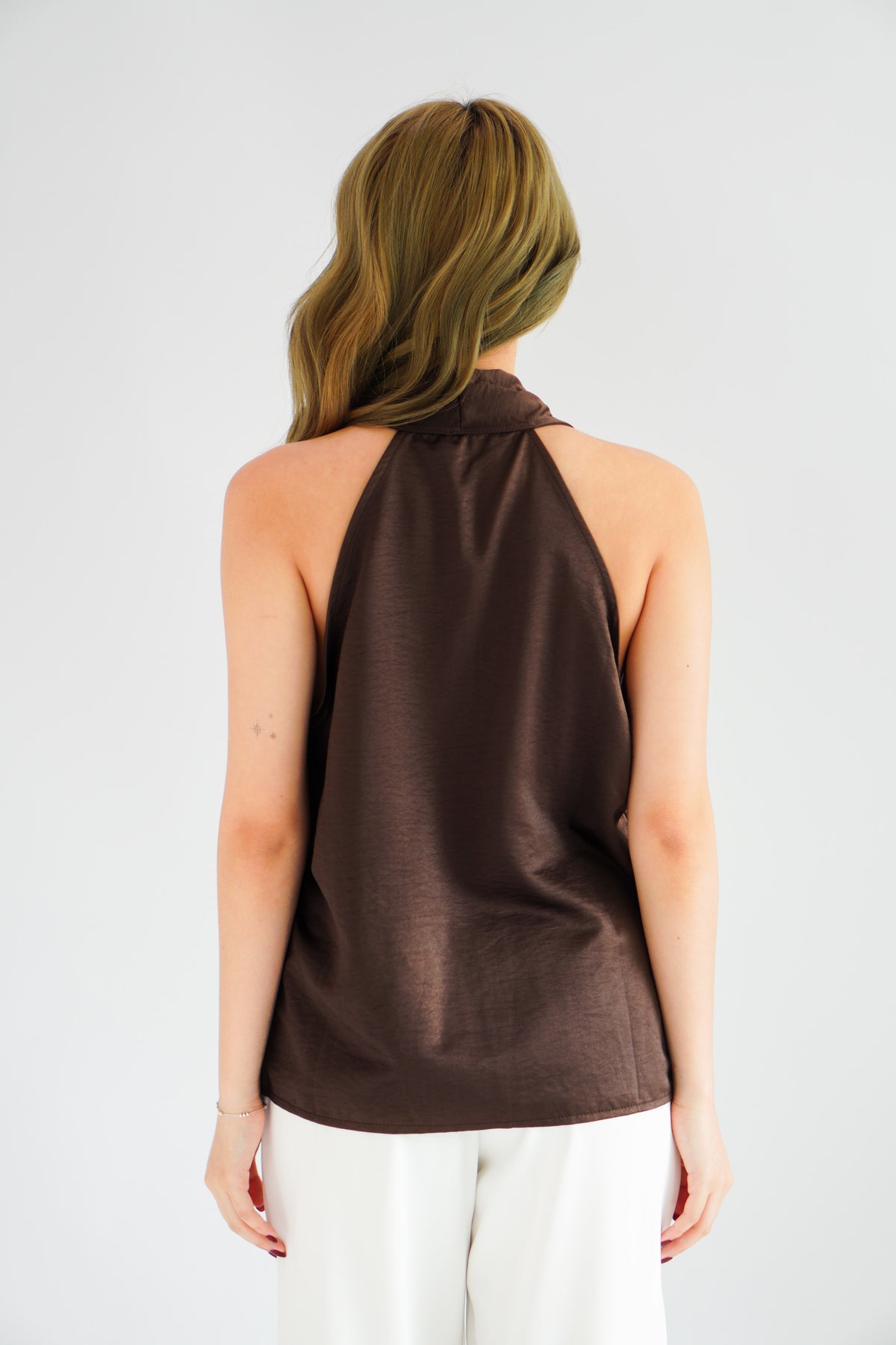 Nolette V Neck Draped Sleeveless Satin Top in Brown