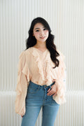 Brisse Statement Frills Long Sleeve Blouse Top in Cream