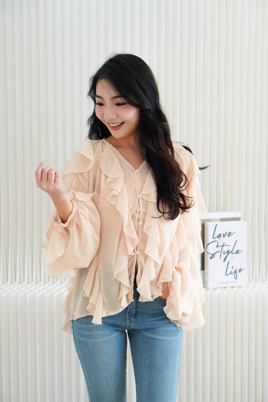 Brisse Statement Frills Long Sleeve Blouse Top in Cream