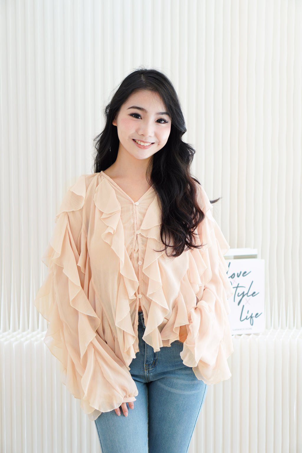 Brisse Statement Frills Long Sleeve Blouse Top in Cream