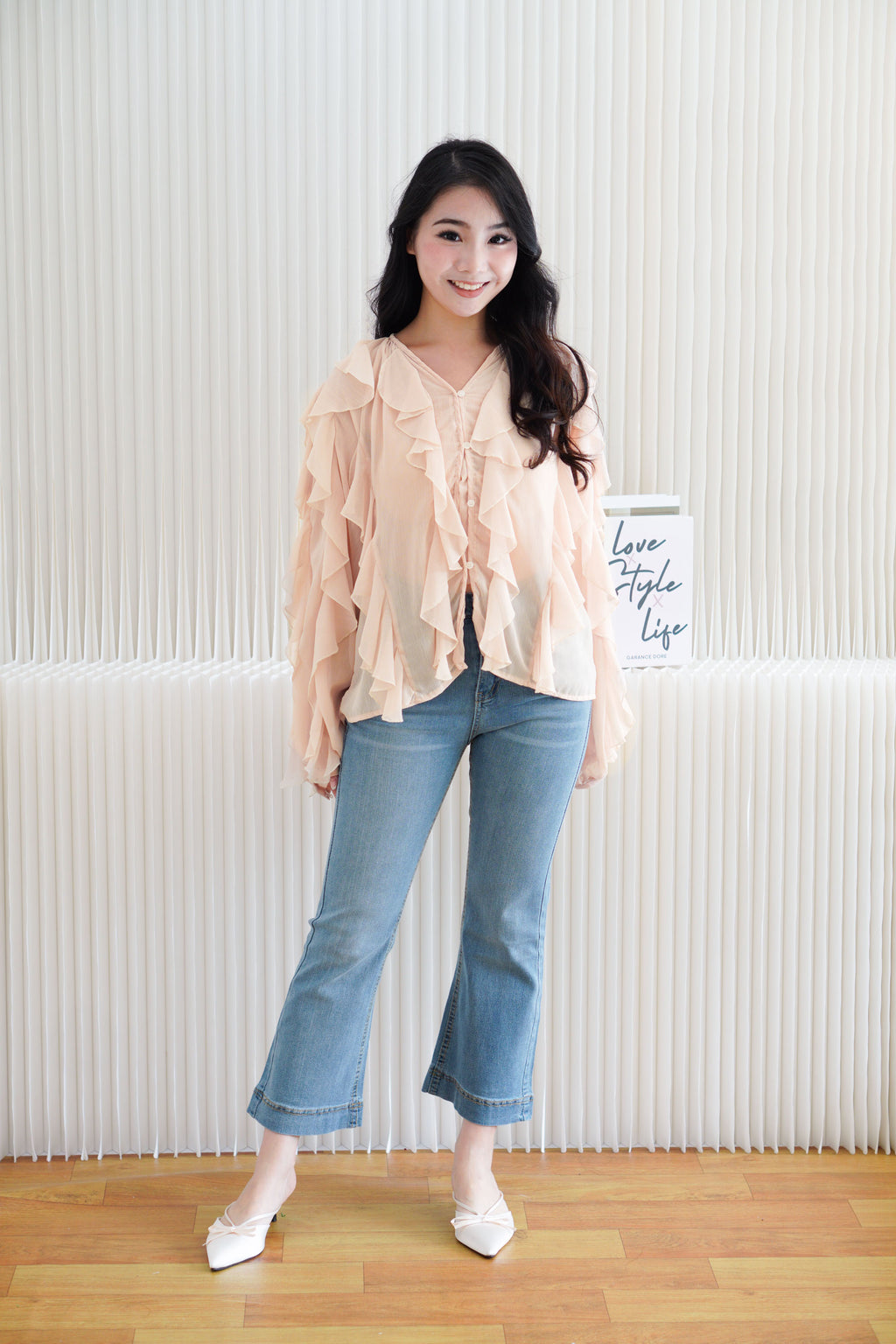 Brisse Statement Frills Long Sleeve Blouse Top in Cream