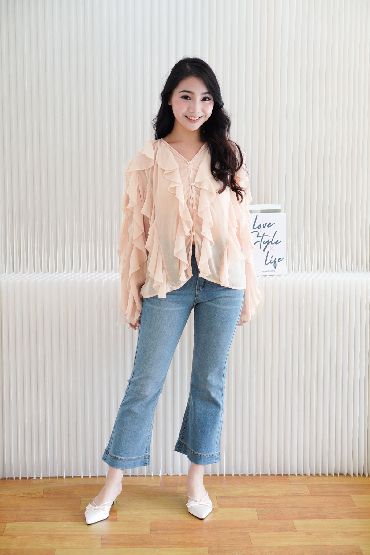 Brisse Statement Frills Long Sleeve Blouse Top in Cream
