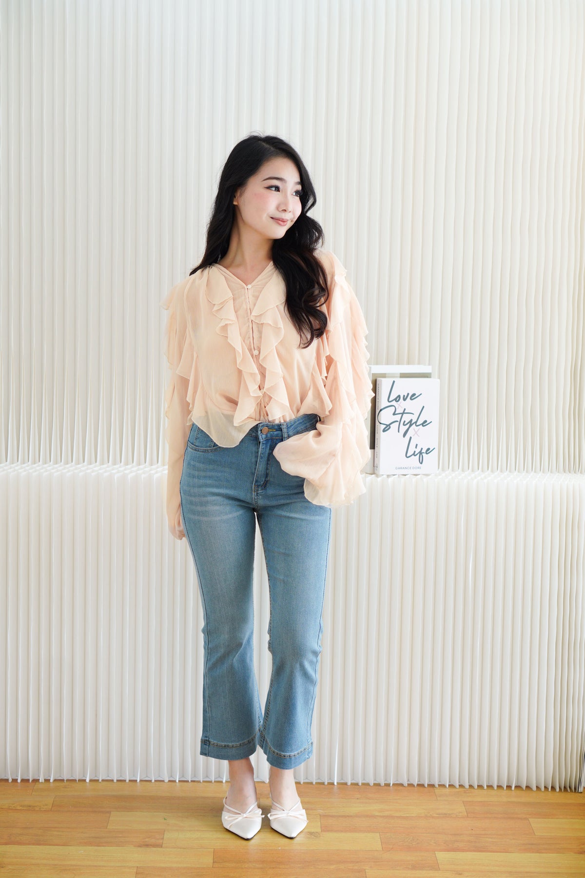 Brisse Statement Frills Long Sleeve Blouse Top in Cream