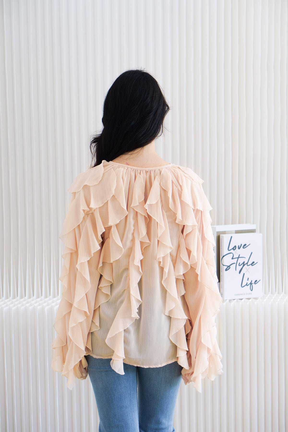Brisse Statement Frills Long Sleeve Blouse Top in Cream