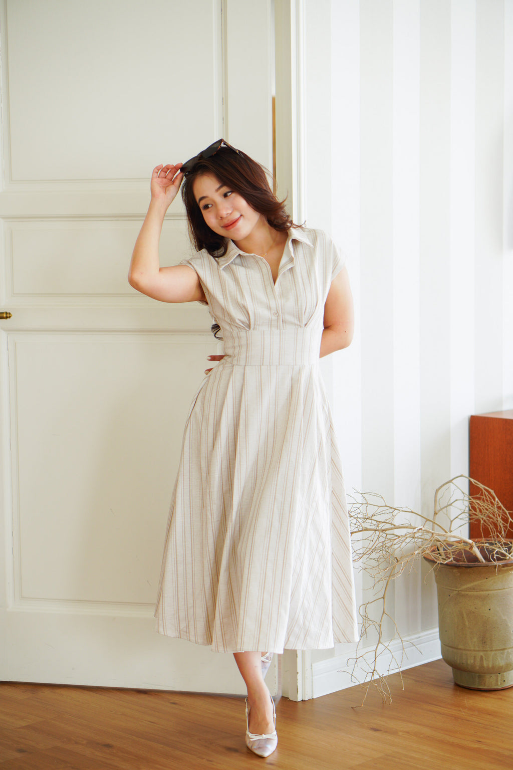 Claire Dress by Bash in Beige Stripes