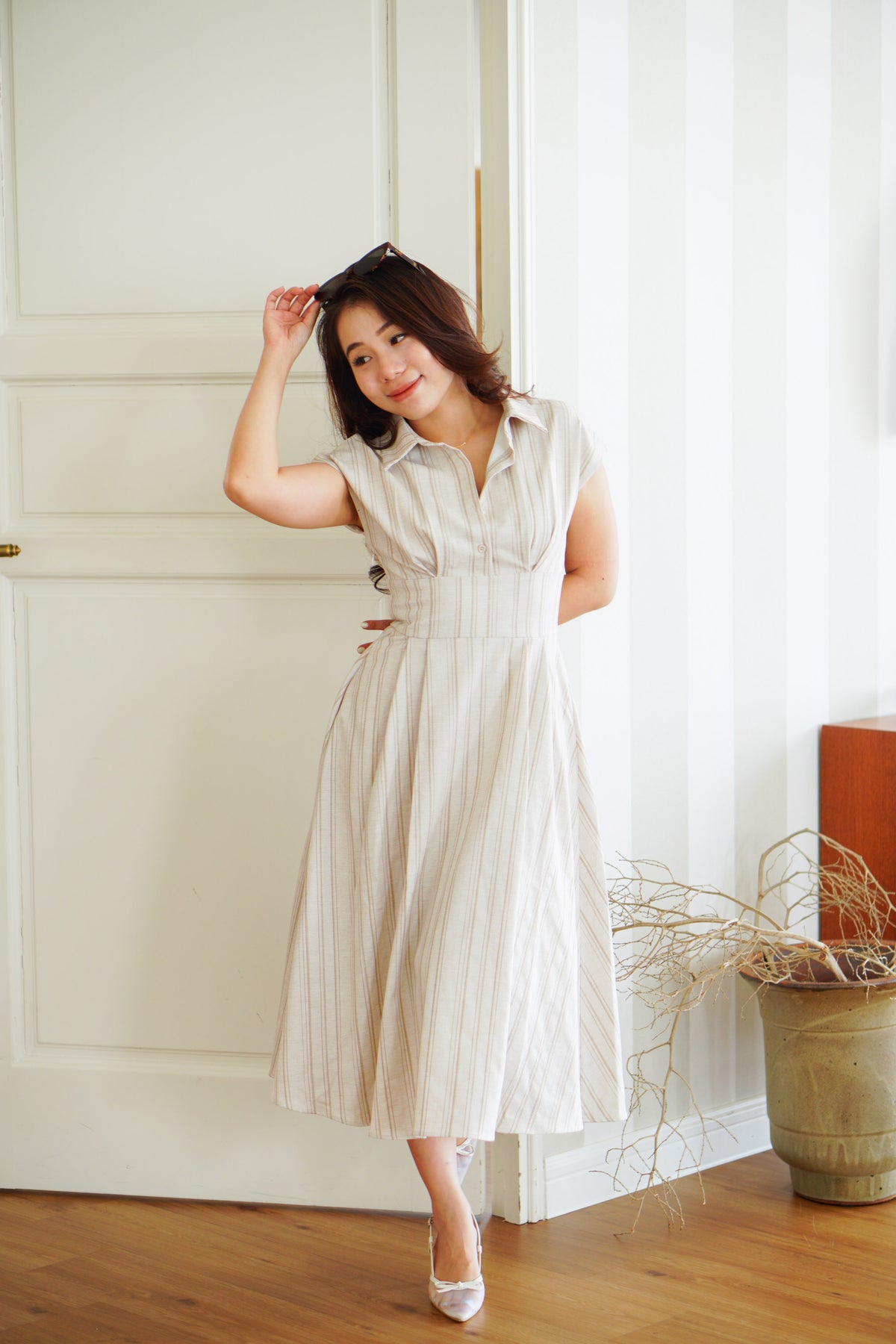 Claire Dress by Bash in Beige Stripes