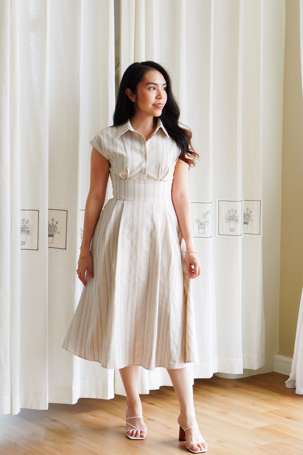 Claire Dress by Bash in Beige Stripes