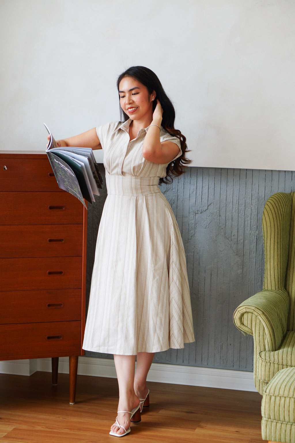 Claire Dress by Bash in Beige Stripes
