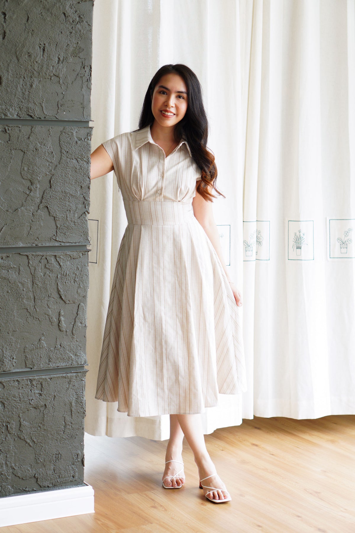 Claire Dress by Bash in Beige Stripes