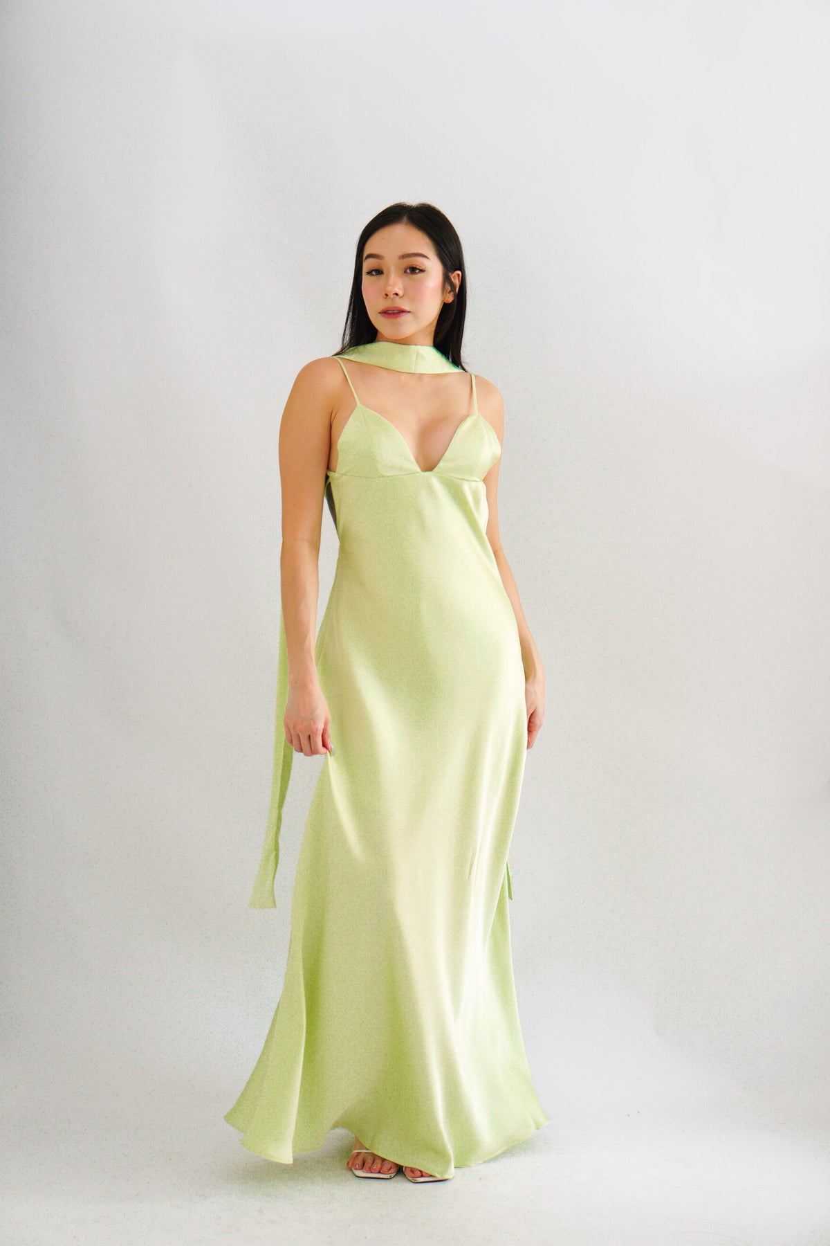 Anessa Deep V Satin Maxi Dress with Sash in Green