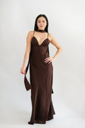 Anessa Deep V Satin Maxi Dress with Sash in Brown