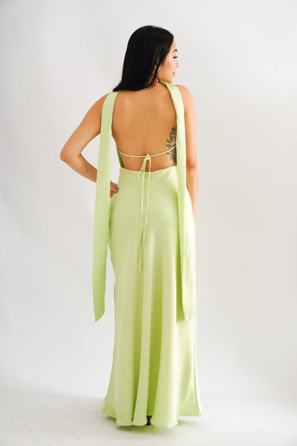 Anessa Deep V Satin Maxi Dress with Sash in Green