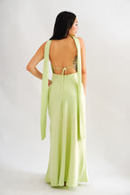 Anessa Deep V Satin Maxi Dress with Sash in Green