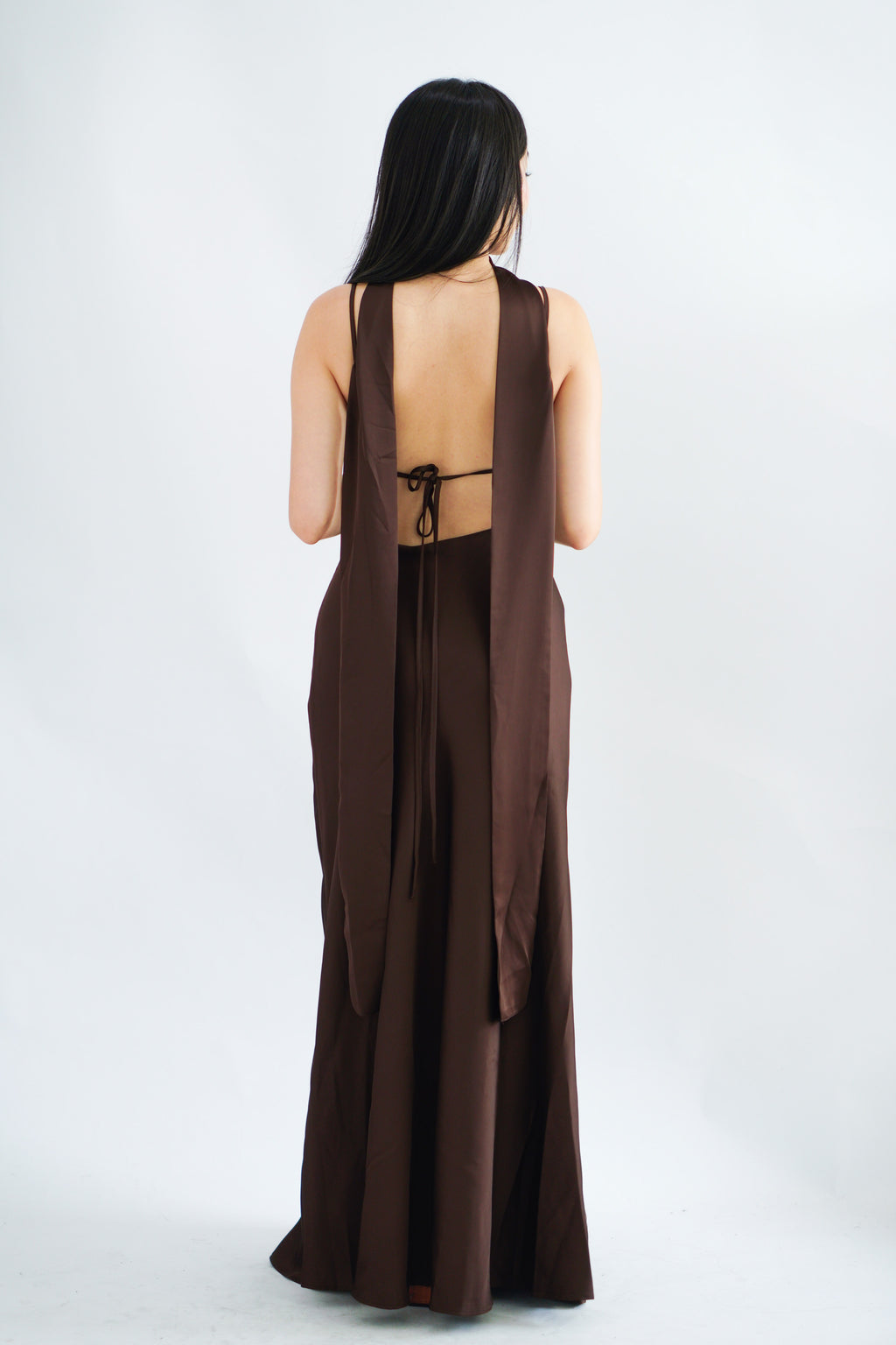 Anessa Deep V Satin Maxi Dress with Sash in Brown