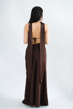 Anessa Deep V Satin Maxi Dress with Sash in Brown