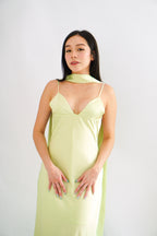 Anessa Deep V Satin Maxi Dress with Sash in Green