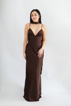 Anessa Deep V Satin Maxi Dress with Sash in Brown