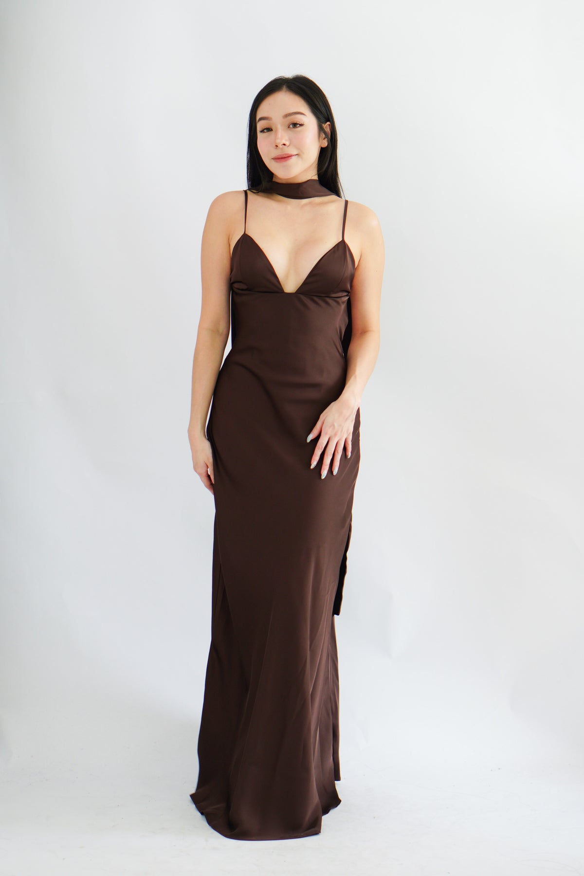 Anessa Deep V Satin Maxi Dress with Sash in Brown
