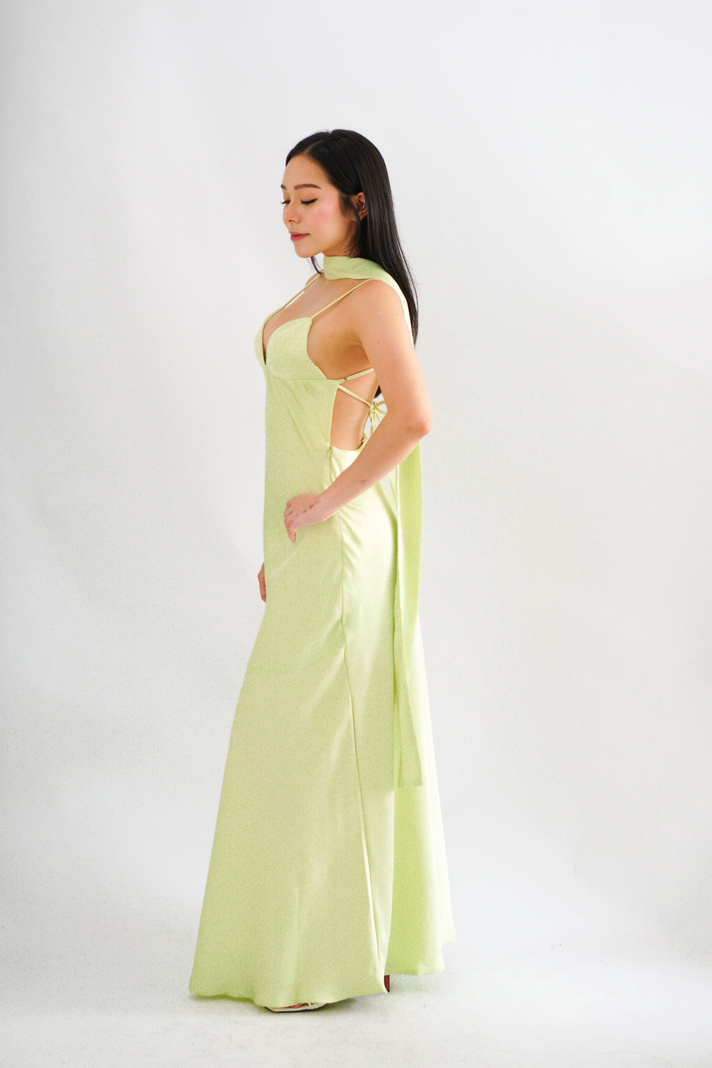 Anessa Deep V Satin Maxi Dress with Sash in Green