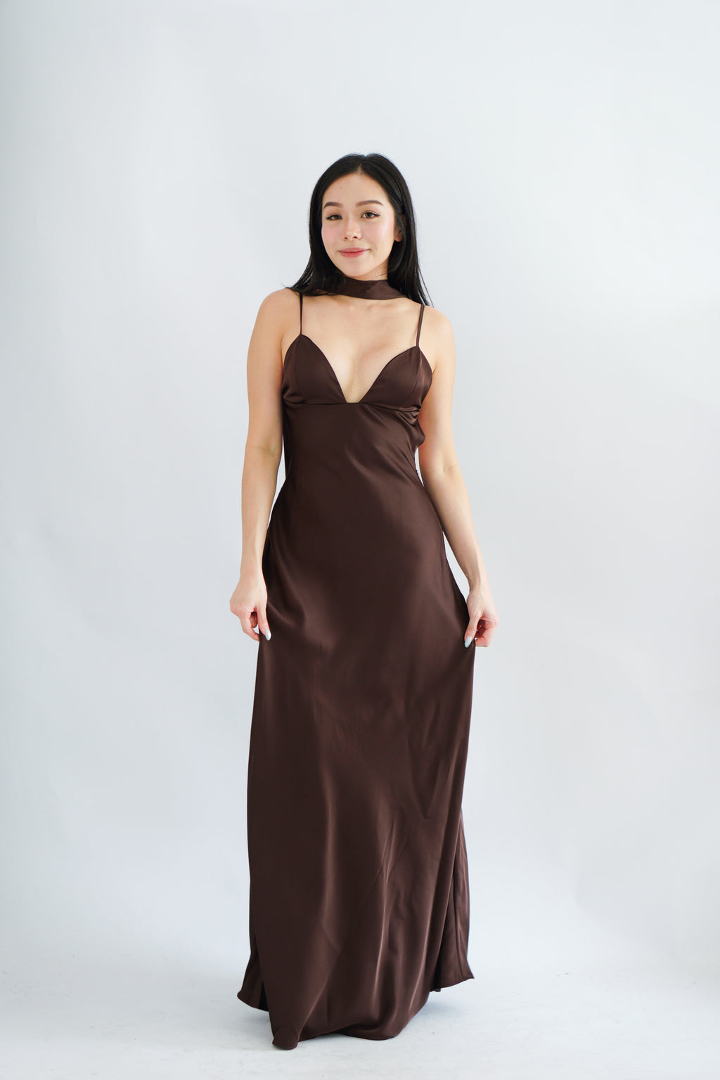 Anessa Deep V Satin Maxi Dress with Sash in Brown