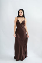 Anessa Deep V Satin Maxi Dress with Sash in Brown