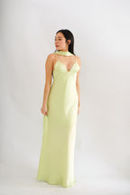 Anessa Deep V Satin Maxi Dress with Sash in Green