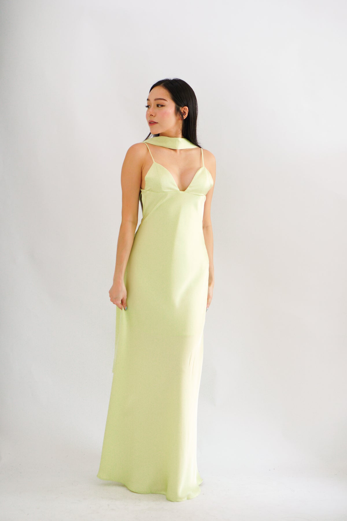 Anessa Deep V Satin Maxi Dress with Sash in Green