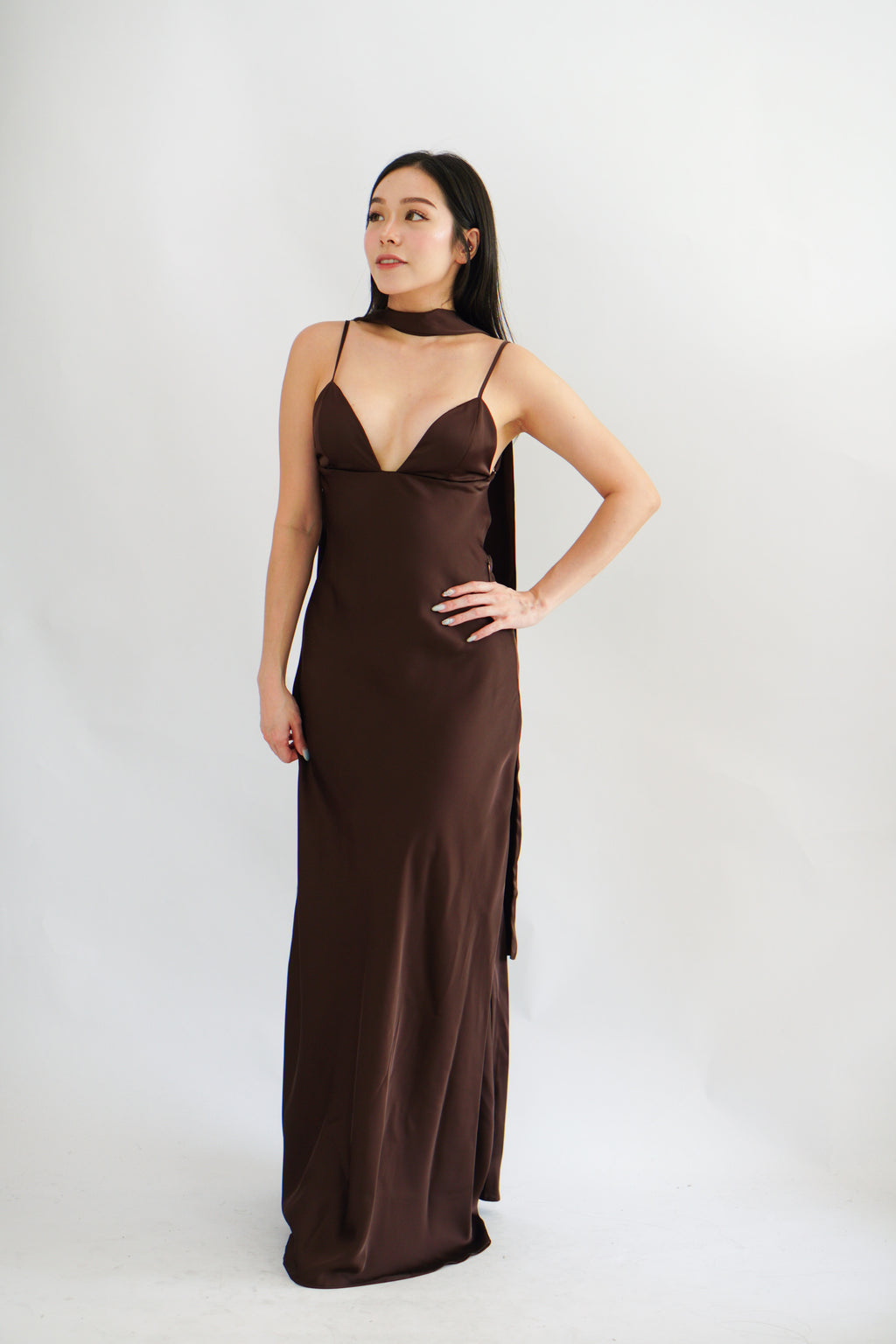 Anessa Deep V Satin Maxi Dress with Sash in Brown