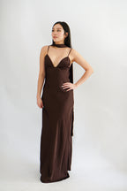 Anessa Deep V Satin Maxi Dress with Sash in Brown