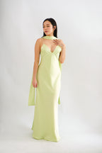 Anessa Deep V Satin Maxi Dress with Sash in Green