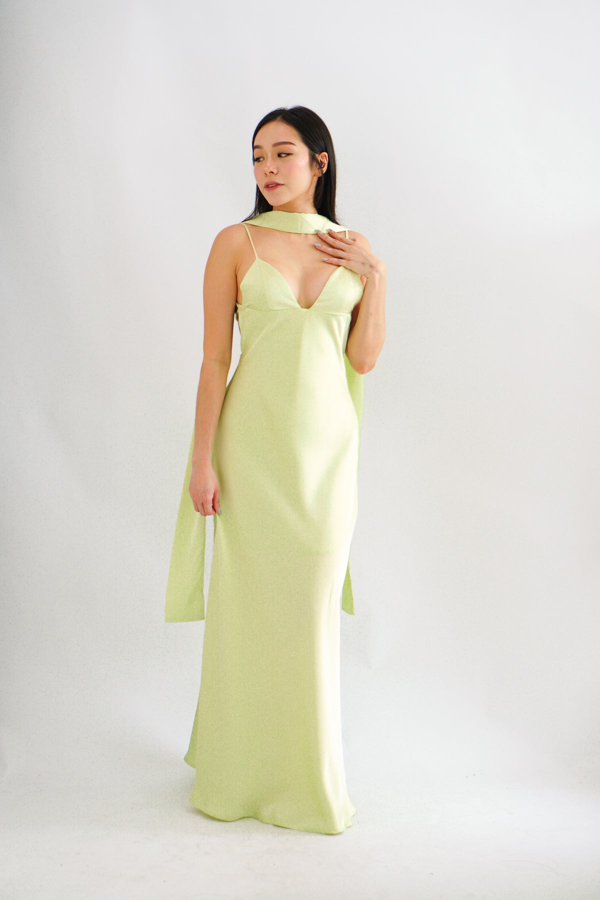 Anessa Deep V Satin Maxi Dress with Sash in Green