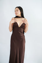Anessa Deep V Satin Maxi Dress with Sash in Brown