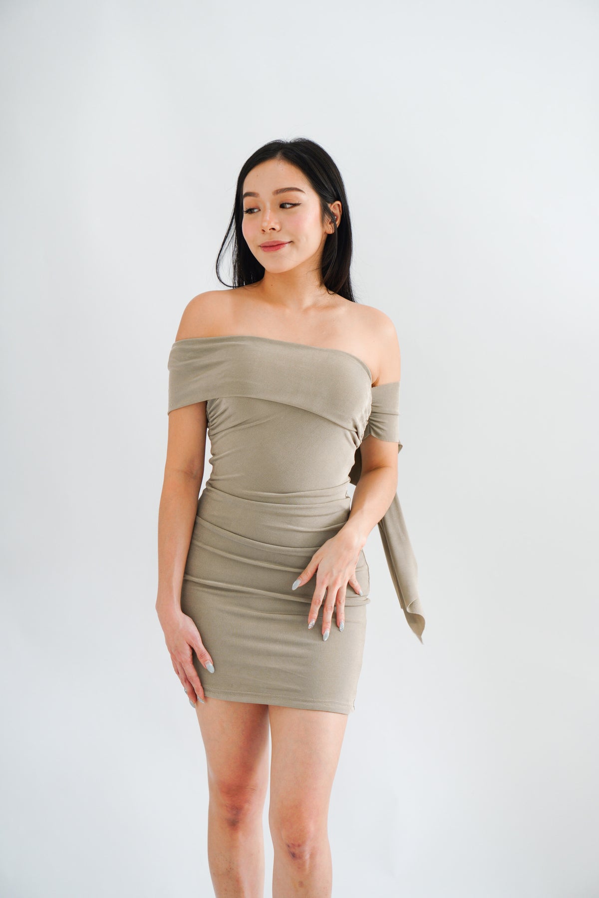 Dearaya Off Shoulder Bodycon Mini Dress in Khaki