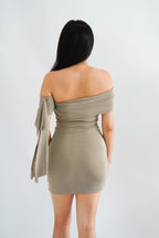 Dearaya Off Shoulder Bodycon Mini Dress in Khaki