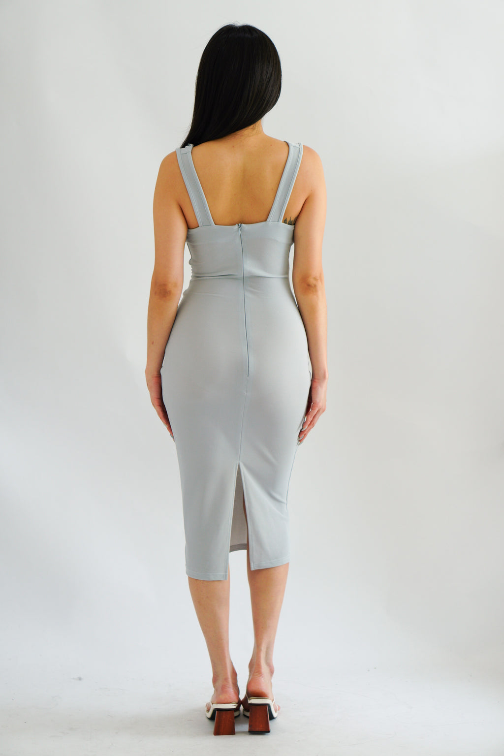Moonstone Cowl Neck Ruched Bodycon Dress in Grey Blue