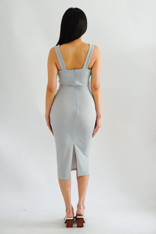 Moonstone Cowl Neck Ruched Bodycon Dress in Grey Blue