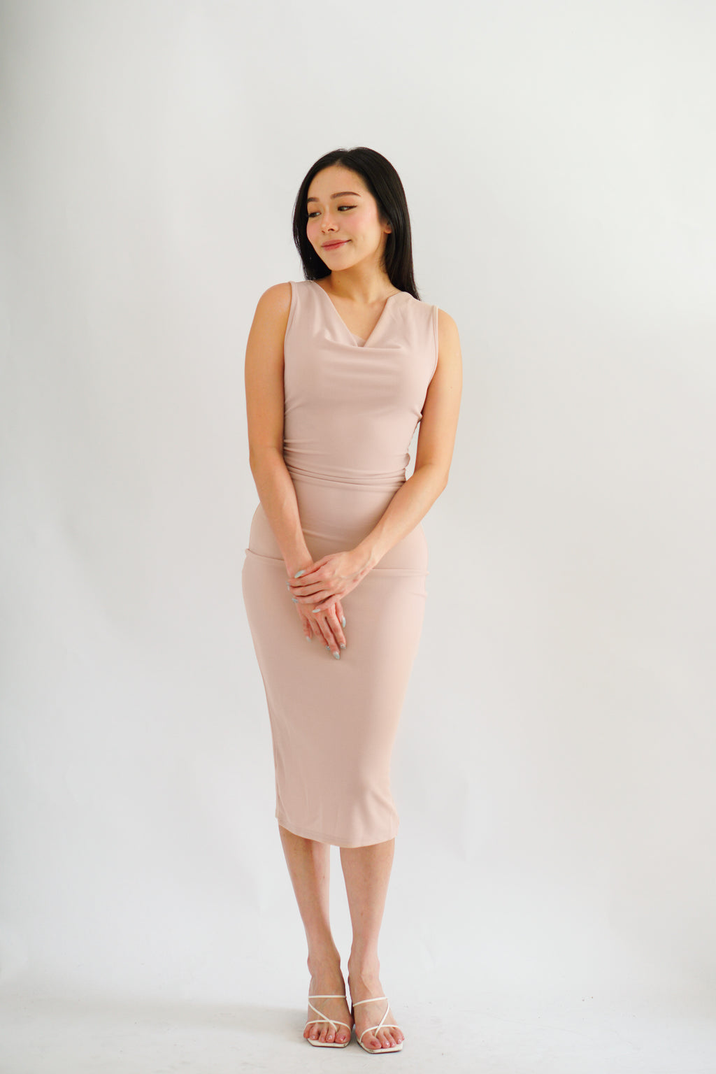 Moonstone Cowl Neck Ruched Bodycon Dress in Pink