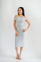Moonstone Cowl Neck Ruched Bodycon Dress in Grey Blue