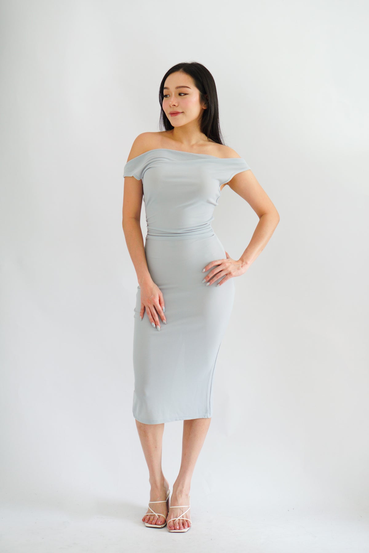 Moonstone Cowl Neck Ruched Bodycon Dress in Grey Blue