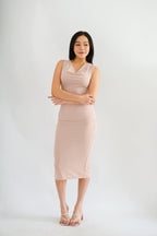Moonstone Cowl Neck Ruched Bodycon Dress in Pink
