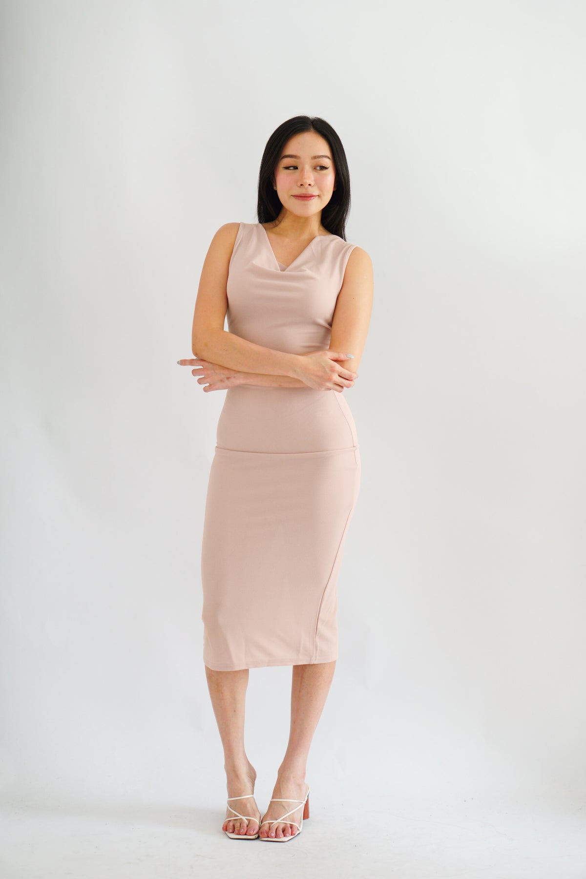 Moonstone Cowl Neck Ruched Bodycon Dress in Pink
